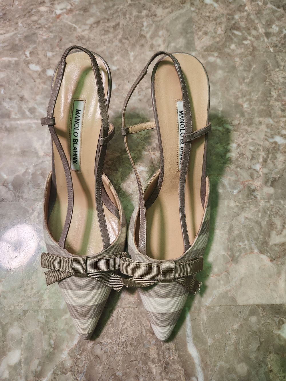 Manolo Blahnik Taupe and Cream Striped Slingback Heels with Bow
